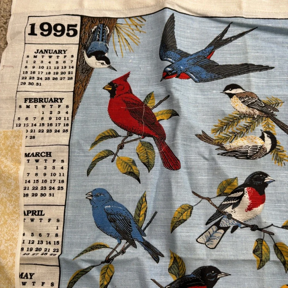 Vintage Bird Fabric Lot - 90s Calendar Blue Jay Cardinal Swallow Autumn Crafting